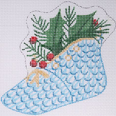 Christmas Ornament – Herend-Style 2-Sided Baby Shoe w/ Holly – “Baby’S First Christmas” – Blues & Green w/ Gold XM-84