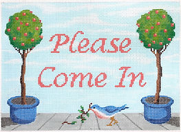 “Please Come In” Topiaries In Blue Pots & Bluebird w/ Coral Lettering On Sky DH-13