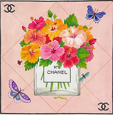Designer Scarf Series – Chanel-Inspired Flowers In No. 5 Bottle w/ Butterflies – On Blush Pink PL-567