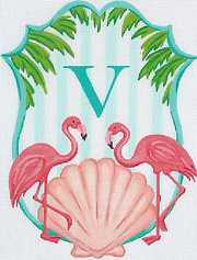 Monogram Crest – Flamingos, Scallop & Palm Branches w/ Aqua Stripes (Specify Letter Or Blank) ALCR-13