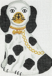 Mini Staffordshire Dog – White & Black w/ Gold Chain & Dog Bone Tag OM-314