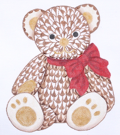 Herend-Inspired Fishnet Teddy Bear – Brown w/ Gold & Red Ribbon SST-45