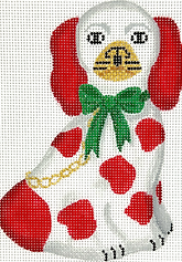 Mini Staffordshire Dog – White & Red w/ Gold Chain & Sparkly Green Bow (Facing Right) XM-159