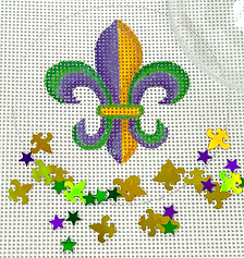 3” Round w/ Clear Dome & Confetti – Mardi Gras – Fleur-De-Lys w/ Stars – Purple, Gold & Green OMD-37