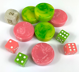 Accessory Set For Backgammon Board Bgb-02 – Pinks, Greens & White (4 Colored Dice, 1 Doubling Cube
& 32 Marbleized Checkers) ACCB-02