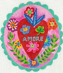 “Amore” Red Heart w/ Flowers & Leaves On Pink w/ Sparkly Turquoise Border JE-OM-02