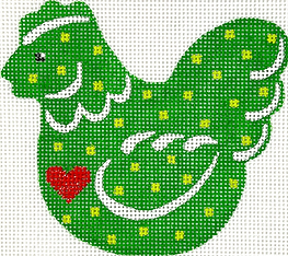 Christmas Ornament – Country Christmas Chicken w/ Heart & Dots – Greens, Sparkly Red & White XM-184
