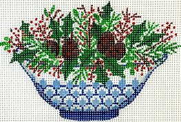 Christmas Ornament – Chinese Bowl – Blue & White w/ Greenery, Pine Cones & Red Berries XM-156