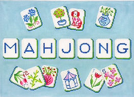Mahjong Tile Bag – English Country Garden Theme – On Medium Blue      MAJ-01