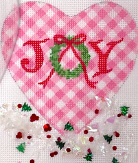 Heart Mini w/ Clear Dome Cover & Confetti – “Joy” – w/ Wreath On Diagonal Pink Gingham       XMD-21
