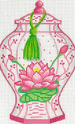 Mini Chinese Vase – Tall Pink, Green & White w/ Lotus Flower & Green Tassel OM-334
