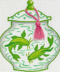 Mini Chinese Vase – Short Lime & White w/ Koi Fish & Pink Tassel OM-335