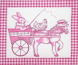 Pink Toile Bunny In Cart With Horse & Hen, Pink Gingham Border KR-PL-04
