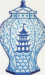 Mini Chinese Vase – Tall Blue & White w/ Pagoda & Flowering Branches OM-327