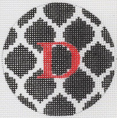 Bright Disk Letter – Black & White Quatrefoil Damask, Red Letter (Specify Letter Or Blank) ALB-67