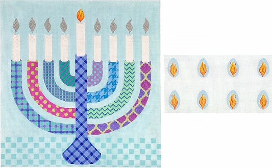 Menorah Set – Bright Funky Patterns With Individual Flames – Blues, Lavenders, Turquoise MEN-04