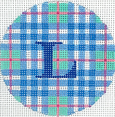Bright Disk Letter – Madras Plaid – Turquoise, Blue & Pink w/ Blue Letter – (Specify Letter Or Blank) ALB-89