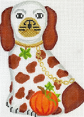 Mini Staffordshire Dog – White & Brown w/ Pumpkin, Leaves, Gold Lock & Chain OM-321