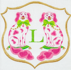 Monogram Crest – Staffordshire Long-Tail Dogs w/ Bows – Pinks, Greens & Gold (Specify Letter Or Blank) ALCR-02
