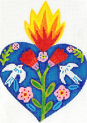 Milagro Heart w/ Red Flowers, Doves & Red/Orange Flame JE-OM-04