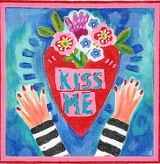 “Kiss Me” Heart w/ Flowers & Hands – On Blue/Green Background JE-PL-18