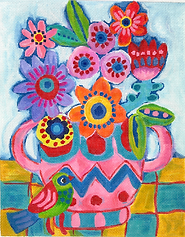 Flowers In Pink & Blue Vase w/ Green Bird JE-PL-12