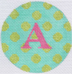 Bright Disk Letter – Turquoise w/ Lime Polka Dots, Fuchsia Letter (Specify Letter Or Blank) ALB-09