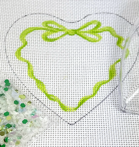 Heart Mini w/ Clear Dome & Confetti – Lime Ribbon w/ Monogram Space       OMD-60