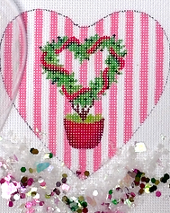 Heart Mini w/ Clear Dome Cover & Confetti – Heart Topiary In Red Pot On Vertical Pink Stripes      XMD-18