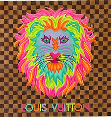Designer Scarf Series – Lv-Inspired – Colorful Lion On Brown Checkerboard PL-573
