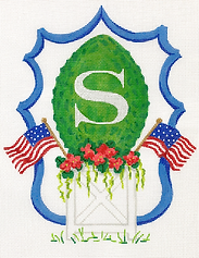 Monogram Crest – Planter w/ Topiary, Geraniums & American Flags (Specify Letter Or Blank) ALCR-17