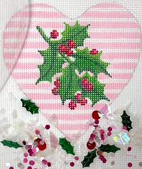 Heart Mini w/ Clear Dome Cover & Confetti – Holly & Berries On Horizontal Pink Stripes       XMD-16