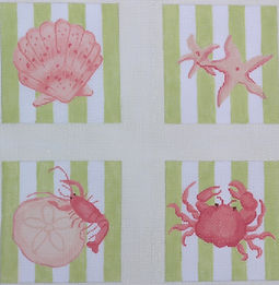 Set Of 4 Coasters – Shells & Crustaceans On Cabana Stripes – Corals & Lime CO4-03