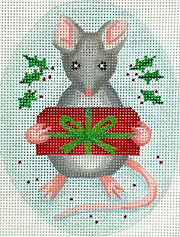 Christmas Ornament – Mouse w/ Gift Box & Holly On Snowy Blue XM-153