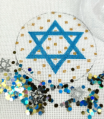 Hanukkah Round w/ Clear Dome & Confetti – Star Of David – Sparkly Aqua Blue w/ Gold Dots JMD-02