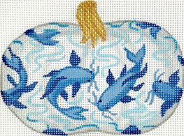 Mini Chinoiserie Pumpkin – Short & Wide w/ Koi Fish & Waves – White w/ Blues & Golds OM-340