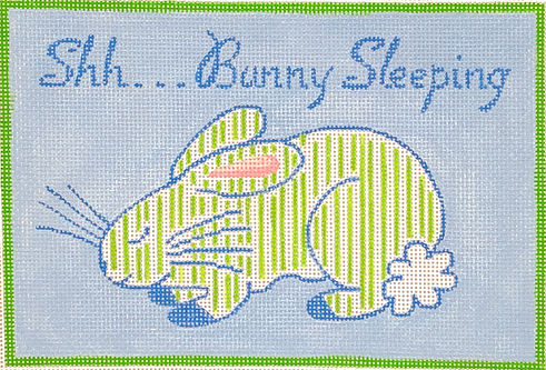 “Shh…Bunny Sleeping” – Jilly Walsh Blue & Green Striped Bunny – On Light Blue JW-DH-07