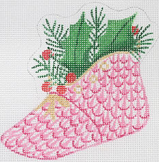 Christmas Ornament – Herend-Style 2-Sided Baby Shoe w/ Holly – “Baby’S First Christmas” – Pinks & Green w/ Gold XM-83