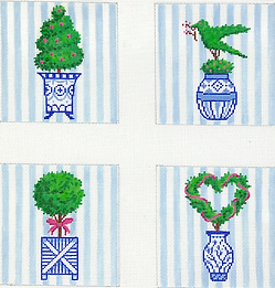 Set Of 4 Coasters – Topiaries w/ Pink Accents In Blue & White Pots On Light Blue Stripes CO4-27