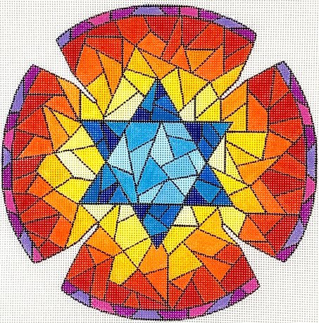 Kippah – Stained Glass w/ Star Of David – Blues, Yellows, Reds, Oranges & Purples w/ Black KIP-10