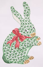 Herend-Inspired Fishnet Bunny w/ Bow – Standing Emerald Bunny w/ Red Bow (Christmas) SST-218