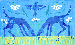 Two Blue Dogs & A Bird w/ White Flowers On Blue        AT-PL-10
