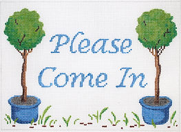 “Please Come In” Topiaries In Blue Pots w/ Blue Lettering On White DH-14