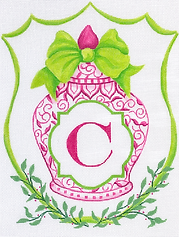 Monogram Crest – Chinese Vase With Bow – Greens & Pinks (Specify Letter Or Blank) ALCR-25