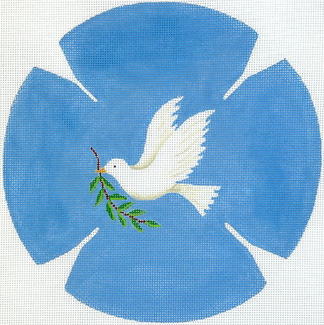 Kippah – White Dove w/ Olive Branch – On Medium Blue KIP-02