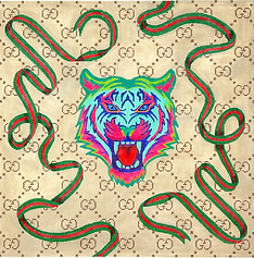 Designer Scarf Series – Gucci-Inspired Tiger w/ Green & Red Swirling Ribbons PL-571