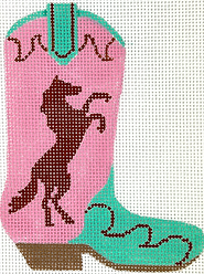 Mini Cowgirl Boot – Leaping Horse – Brown On Pink & Turquoise OM-399