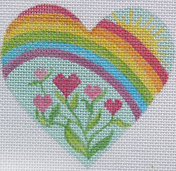Mini Heart – Rainbow w/ Heart Flowers – Multi On Light Aqua OM-19