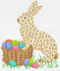 Herend-Inspired Golden Fishnet Easter Bunny With Basket Of Eggs (Can Be Stitched As A Stand-Up) PL-512