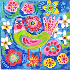 Pink & Green Bird w/ Flowers – On Blue Background JE-PL-17